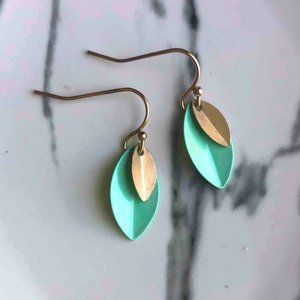 Delicate turquoise and gold-coloured double leaf drop earrings